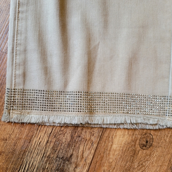Joseph Ribkoff Rhinestone Embellished Tan Frayed Hem Crop Denim Pant - Picture 5 of 11